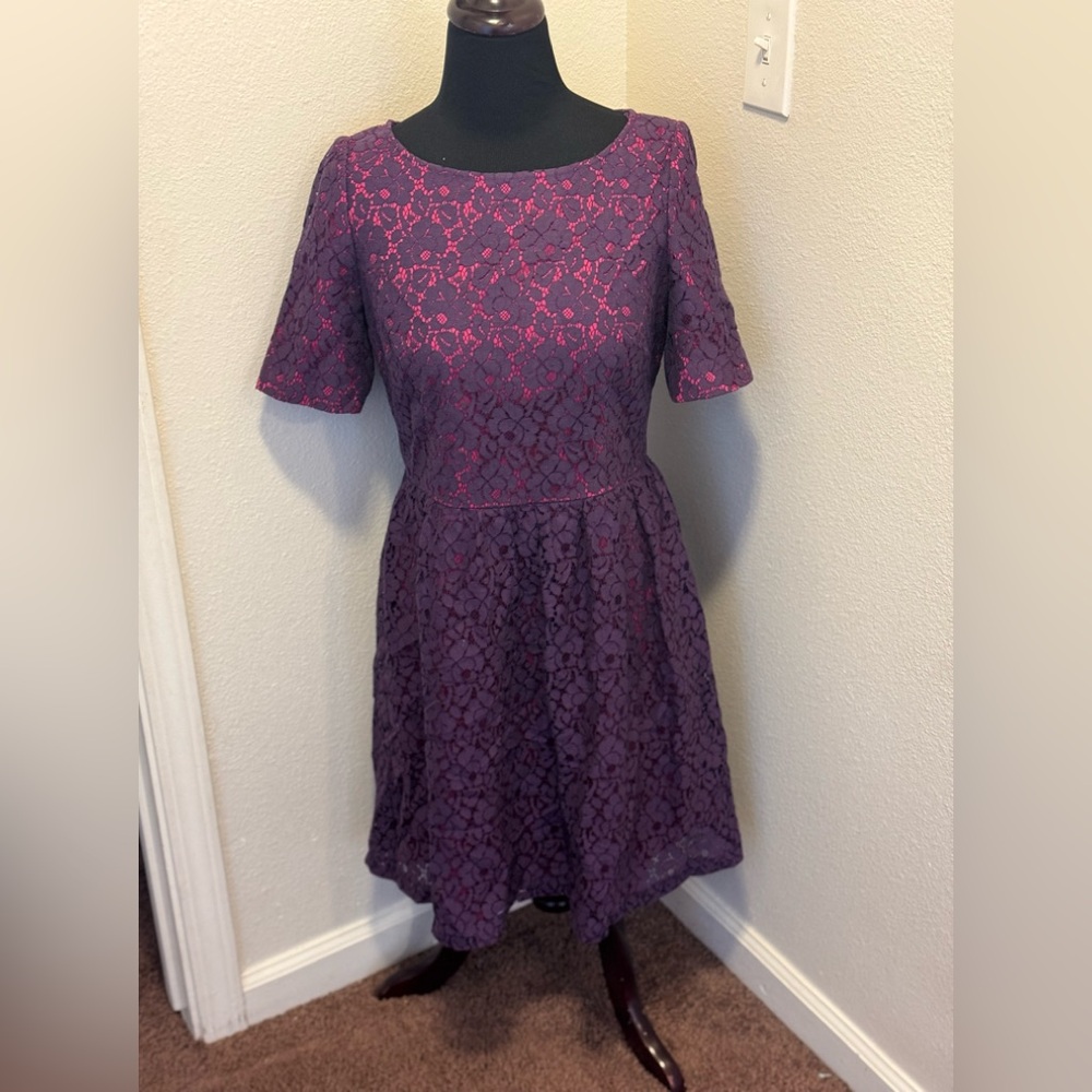 Adrianna Papell Purple Pink Lace Overlay Fit Flare Dress A Line 8